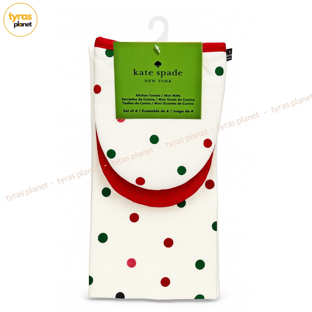 NWT Kate Spade Set of 4 Mini Oven Mitts & Kitchen Dish Towels Dots Xmas Holidays